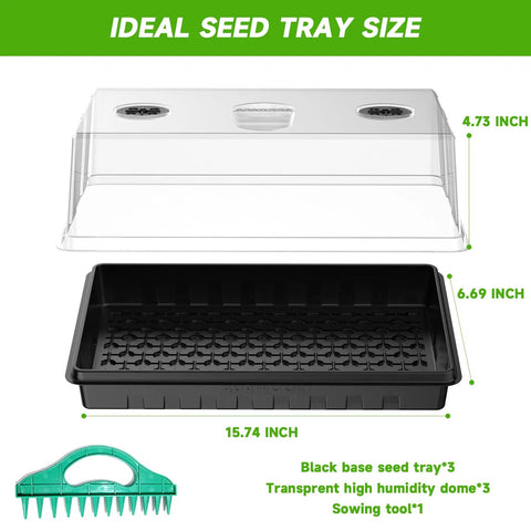 Seed Starter Tray Kit For Seedlings With 4.72 Inch Humidity Domes showing tray dimensions and included sowing tool.