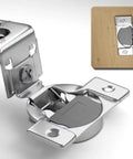 Four Pack Overlay Soft Close Face Frame Kitchen Cabinet Hinges With Three Cam Adjustment, stainless steel design, side view.