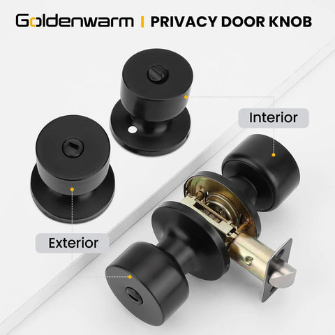 Slick Matte Black Interior Door Knobs Privacy Handles For Bedrooms showing interior and exterior knobs with locking mechanism.