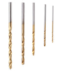 Close-up of five drill bits from a 50 Piece High Speed Steel Twist Drill Bit Set With Straight Shank For Metal Wood Plastic DIY Drilling Projects, Durable HSS Bits With Emery Coating, Five Popular Bit Types, Lightweight And Compact, Great For Pros And Home Use