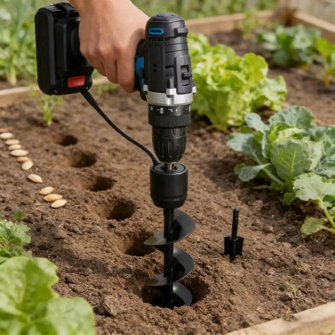 Hands using Extended Length Auger Drill Bit For Planting 1.6 In By 8.66 In Spiral Hole Digger in garden soil.