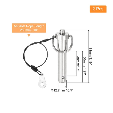 Tough As Nails Quick Release Pins 2 Pack Half Inch By 1 5 Inch Push Button Ball Locking Hardware with anti-lost lanyard.