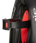 Close-up of BC2 Back Inflated BCD with Ultra Comfortable Fit, durable strap and buckle, rugged material, black and red design, medium large size.