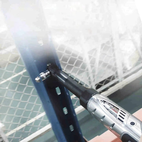 Compact Electric Ratchet Wrench With 90-degree Right Angle Long Neck Design For Tight Spaces Cordless Power Tool used on metal frame.