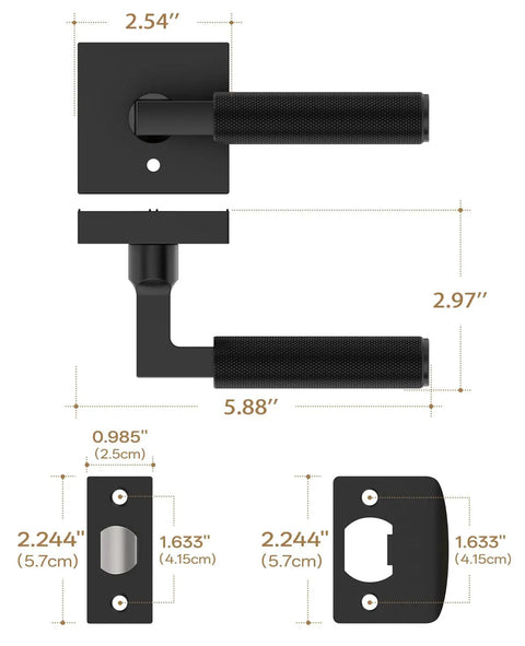 Killer Matte Black Privacy Interior Door Handles Three Pack Set For Homes with measurements showing modern design and fit.