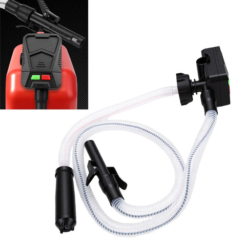 Portable Cordless Fuel Transfer Pump With Auto Stop Sensor For Gasoline And Kerosene, featuring black and clear hose with automatic shutoff.