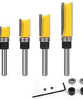 Pro Grade 4 Piece Flush Trim Router Bit Set With Top Bearing Quarter Inch Shank Cutting Lengths Half Inch to One And A Half Inch C2 Carbide