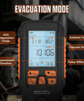 Front view of a digital vacuum gauge handheld for HVAC, black with orange accents and blue display.