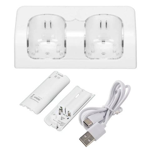 Noiseless Remote Battery Charger Dual Dock For Consoles With Convenient Power Connection ABS Durable Lightweight And Easy To Use Includes Two White Batteries For Controllers charging dock, batteries, and USB cable.