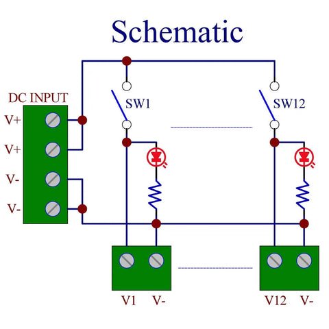 Schematic diagram of Din Rail Mount 12 Channel Rocker Switch DC Power Distribution Strip Module showing DC input connections.