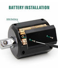 KWUHNJF Digital Torque Meter Adapter showing battery installation with AAA batteries and a screwdriver for professional use.
