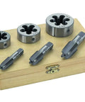 Steel Tap And Die Tool Set For Pipe Threads 1/4 Inch 3/8 Inch And 1/2 Inch, 6 Piece Kit With Wood Storage Case, shown on box