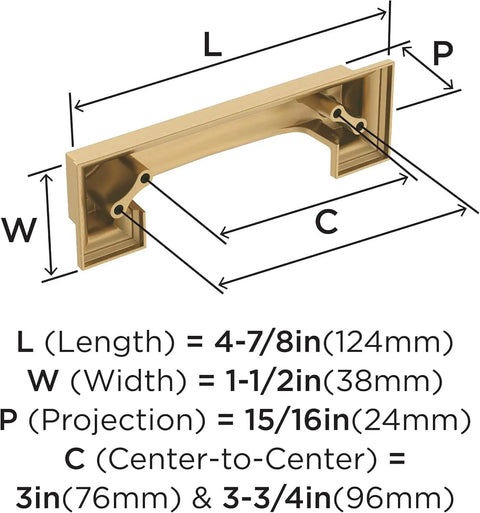 Technical drawing of Dead Simple To Mount Cabinet Cup Pull With Slick Champagne Bronze Finish For Kitchen Drawers And Cabinets Top Shelf 3 Inch And 3.75 Inch Center To Center Hardware.