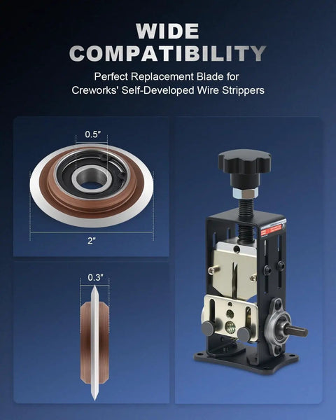 Replacement Steel Wire Stripper Blade For 0.06 To 1.2 Inch Wires, 2 Inch Diameter, 0.3 Inch Shaft, Fits Stripping Machines, Spare Cutter For Electricians And DIYers, shown with dimensions and machine compatibility