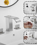 Brushed Nickel Widespread Bathroom Faucet With 3 Holes And 2 Handles Dope Modern Waterfall Sink Faucet demonstrated with water flow