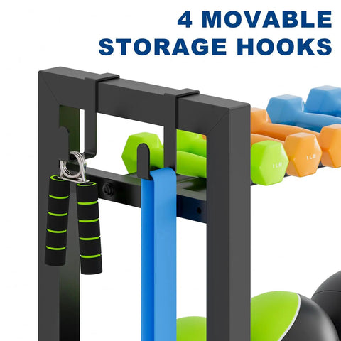 Heavy Duty Four Tier Dumbbell Rack With Dedicated Yoga Mat Holder And Straight Fire Home Gym Weight Storage Organizer features 4 movable hooks.