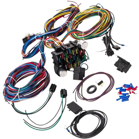 Universal Headlight Wiring Harness and Fuse Kit, 21 Circuits, 17 Fuses, Plug Connector, 12V Auto Lighting, multicolored wires