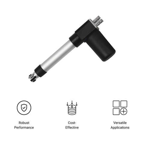 Side view of 24V feedback linear actuator with silver aluminum rod, black motor housing, clevis end