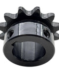 Heavy Duty Roller Chain Sprocket Type B 12 Tooth 3/4 Inch Bore For 3/8 Inch Pitch For 35 Chain Hardened ANSI 1045 Steel Drive Sprocket 35B12-3/4 With Keyway And Dual Setscrews Rust Resistant And Built Tough, black steel sprocket close-up