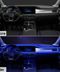 Before and after view of car dashboard with App Controlled Car Interior LED Strip Lights 5 In 1 RGB Color Kit installed