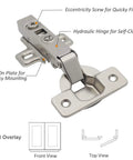Soft Close 105 Degree European Full Overlay Concealed Cabinet Hinges With Mounting Plate Clip On 2 Pairs 4 Pieces Frameless Design 35mm Cup 14-22mm Door Thickness Mounting Screws Included top view