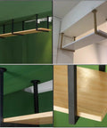 Heavy Duty Floating Shelf Brackets Single Layer Ceiling Mount With Screws Steel Hanging Bracket Black 2 Pack showing black steel supports with wood shelves.