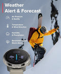 Ocean Dive Computer And Tank Pod Kit With GPS Multisport Watch For Training Underwater Route Tracking Wireless Tank Pressure Monitor Air And Nitrox Support Ideal For Freediving And Snorkeling showing weather alert and forecast features on snowy mountain with skier