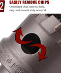 Ultimate Carbide Hole Saw Drill Set For Hard Metal And Stainless Steel With Multi Tooth Core Cutter Kit To Smash Through Tough Jobs Effortlessly In Your Garage Or Job Site For Serious Pros. carbide hole saw close-up with chip removal hole and arrows