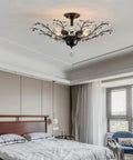 Vintage Six Light Branch Flush Mount Ceiling Light In Black With Crystal Bling Accents For Living Room Bedroom Dining Room Farmhouse Style Chandelier Fixture For Kitchen Office And Restaurants, installed in a modern bedroom.