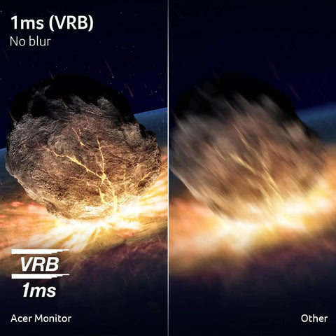 Comparison between Acer and other monitor showing 1ms VRB with clear vs blurred visuals on the 27 Inch IPS Full HD Gaming Monitor