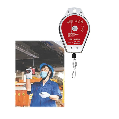 Heavy Duty Retractable Tool Balancer Rock Solid Spring Loaded Holder used in workshop for holding tools securely while working.