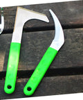Four Piece Weeding Knife Set For Gardening Portable Handheld Mowing Tools showing two weeding knives with green handles on wood surface.