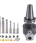 Cat40 Boring Head Kit With Two Inch Head And One Half Inch Boring Bar, Six Piece Set With Inserts Included, Black Finish
