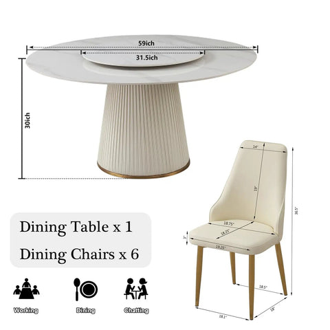 Top Shelf 7 Piece Round Marble Dining Table Set Featuring An Easy Glide Lazy Susan Turntable Accompanied By Six Comfy Cream White Upholstered Chairs. Table dimensions 59 inch round.