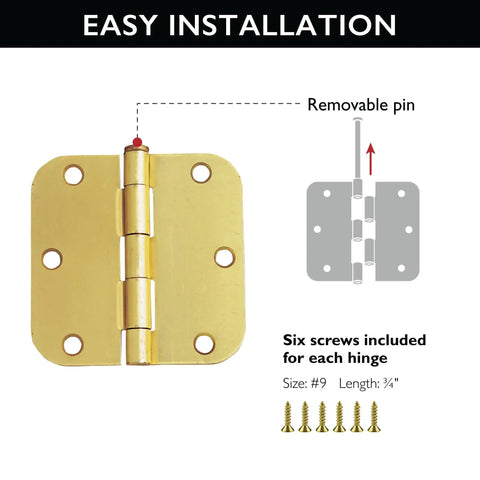 Pro Grade Heavy Duty Steel Interior Door Hinges 3.5 Inch Satin Brass hinge with removable pin and screws for installation.