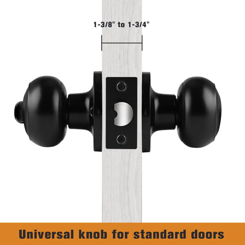 Slick Matte Black Privacy Door Knobs For Bathroom And Bedroom, shown on door, fits 1-3/8 to 1-3/4 inch doors.
