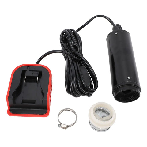 Versatile Battery Powered Sewage Pump For Pool Drainage And Pond Care parts including power charger, mesh filter, and submersible pump.