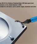 Side view of a deburring tool removing burrs from a metal sheet. 7 Piece Burr Busting Deburring Tool Set With High Grade Swivel Blades And Metal Handle For Deburring.