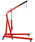 Badass Rolling Cherry Picker Engine Hoist With Six Swivel Caster Wheels Two Ton Folding Shop Crane Heavy Duty Steel Auto Lift Smooth Operator Gear For Hot Rod Shops shown in upright position with hydraulic arm extended.