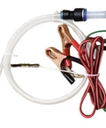 12V Self-Priming Fluid Transfer Pump cables and connectors for oil drainage use with clamps and tubing fitting car maintenance.
