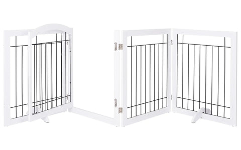 Ultra Wide 96 Inch Dog Gate With Walk Through Door, freestanding white wire pet gate with support feet, shown open