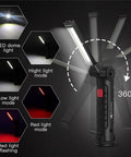 Rechargeable LED Work Light With Magnetic Base And USB Power, 360 Degree Rotating Spotlight, modes shown, 5 Mode Mechanic Flashlight