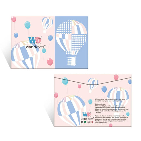Pink and blue hot air balloon designs on Wonderver packaging.