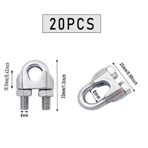 Dead Simple Stainless Steel Wire Rope Clips 20 Pack Heavy Duty Quarter Inch Cable Clamps with U bolts and nuts for secure use.