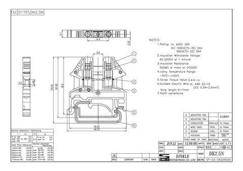 Technical diagram of Plug And Play DIN Rail Terminal Block Kit With Aluminum Rail, 20 Pole Connectors, 20A 600V Rating.
