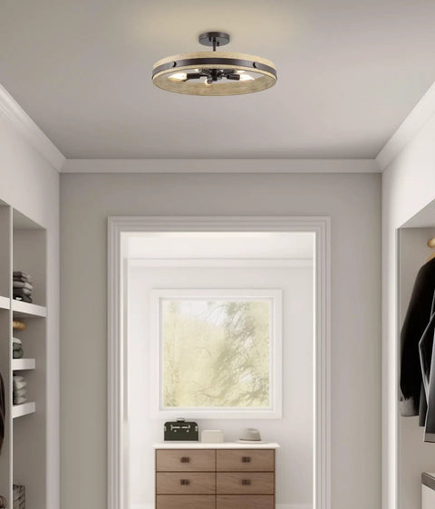 Open Farmhouse Ring Ceiling Light With Distressed Driftwood Wood Finish And Oil Rubbed Bronze Accents in a modern hallway.