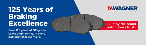 Ceramic Front Disc Brake Pad Set EC1731 For Mitsubishi Mirage; 125 Years of Braking Excellence banner with pads.