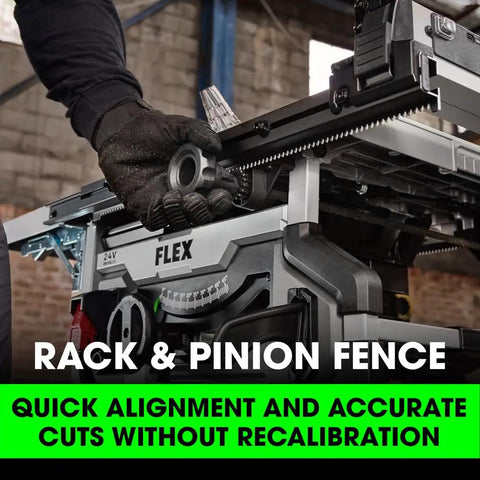 Beast Mode 24V Brushless Cordless Table Saw Kit Featuring 8.25 Inch Precision Cutting Blade And 6.0Ah Stacked Lithium Battery Paired With Rapid Charger with rack and pinion fence for precise cuts.