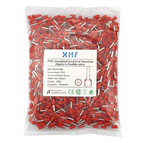 1000 Count Wire Ferrule Set Insulated Copper Crimp Connectors 16 AWG 1.5mm2 Red Terminals Tin Plated RoHS Compliant