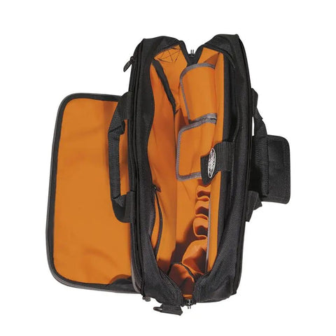 Open Tradesman Pro Tech Tool Bag With Laptop Pocket And 22 Pockets, Durable Black And Orange Organizer, showing inner compartments